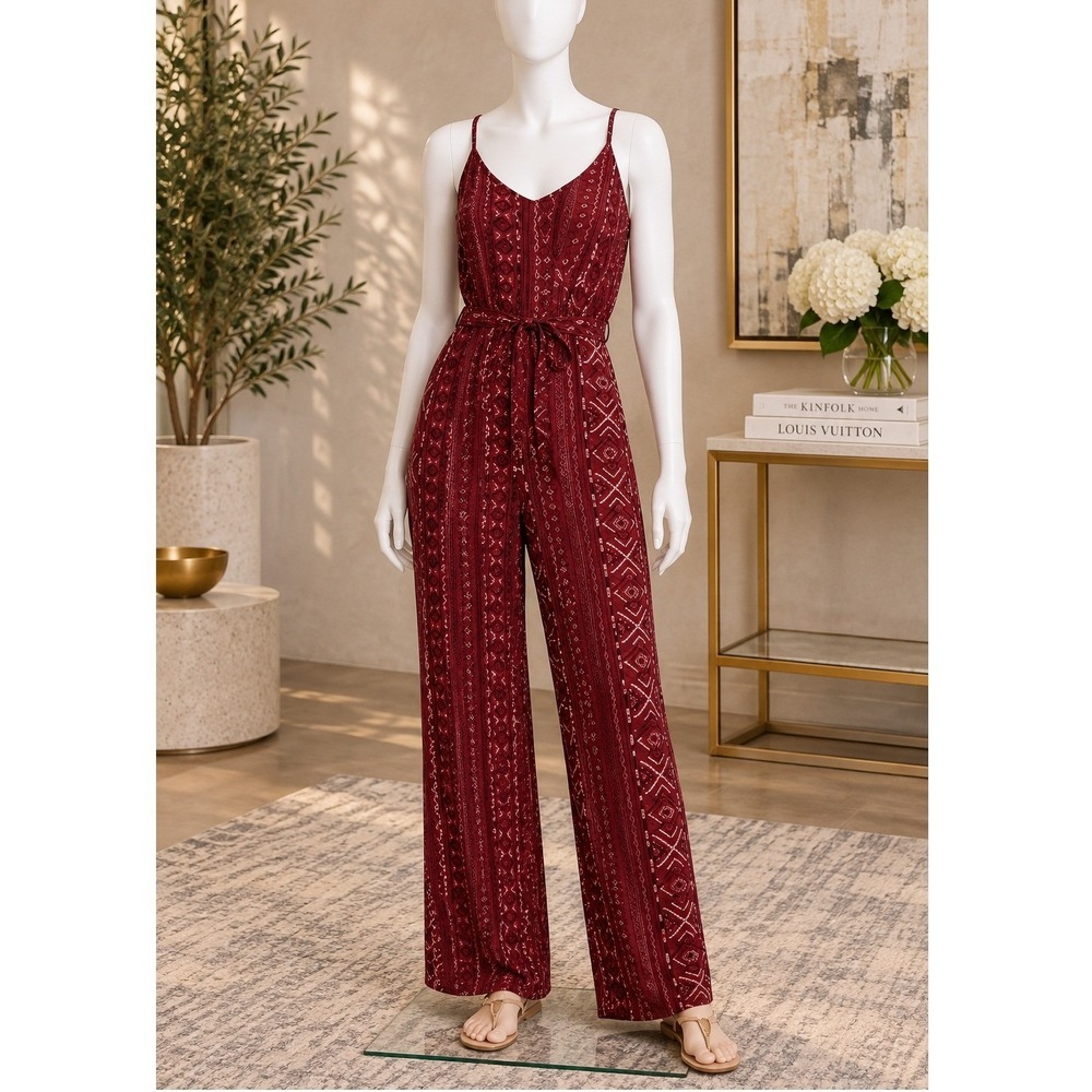 rue21 Womens Jumpsuit Red Geometric Tribal Print Wide Leg Medium